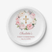Pink floral wreath girl First Communion Pappteller (Vorderseite)
