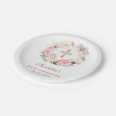 Pink floral wreath girl First Communion Pappteller (Schrägansicht)