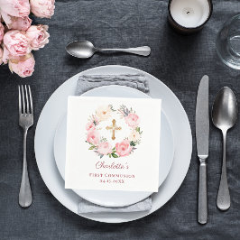 Pink floral wreath girl First Communion Serviette