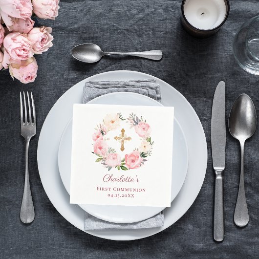 Pink floral wreath girl First Communion Serviette