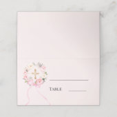 Pink floral wreath gold cross bow ribbon platzkarte (Außenseite Aufgefaltet)