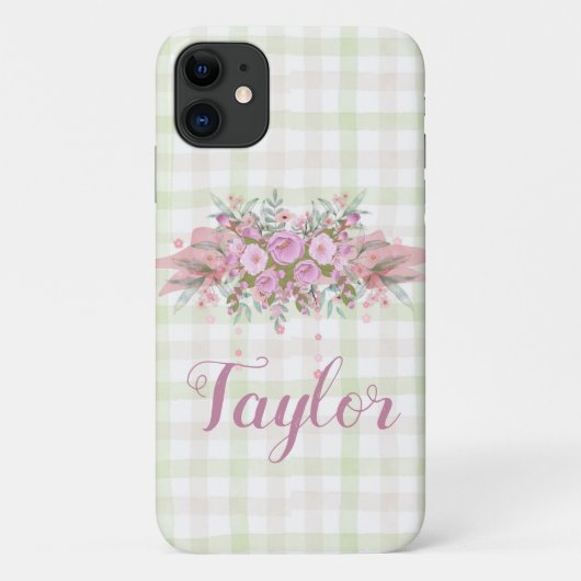 Pink Floral Wreath Green Gingham Case-Mate iPhone Hülle (Rückseite)