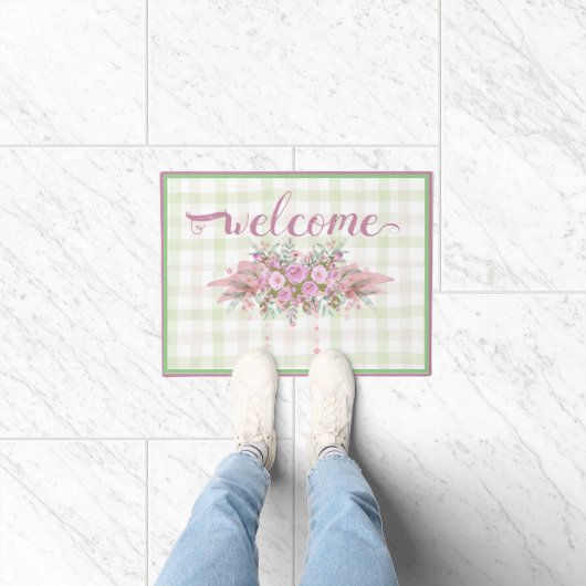 Pink Floral Wreath Green Gingham Fußmatte (Indoor)