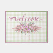 Pink Floral Wreath Green Gingham Fußmatte (Vorderseite)