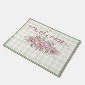 Pink Floral Wreath Green Gingham Fußmatte (Schrägansicht)