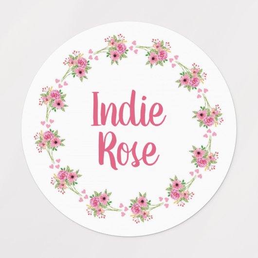 Pink Floral Wreath Individuelle Name School Labels Etiketten (Design 1)