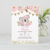 Pink Floral Wreath Koala Einladung zum Geburtstag (Stehend Vorderseite)