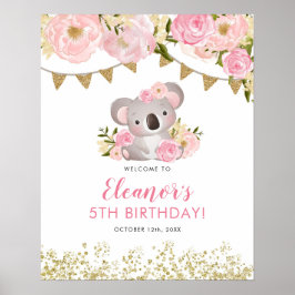 Pink Floral Wreath Koala Kid's Geburtstag Willkomm Poster