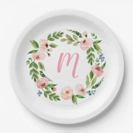 Pink Floral Wreath Monogram Birthday Party Teller