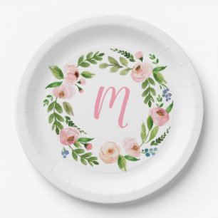 Pink Floral Wreath Monogram Birthday Party Teller