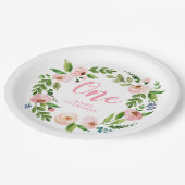 Pink Floral Wreath Monogram Birthday Party Teller (Schrägansicht)