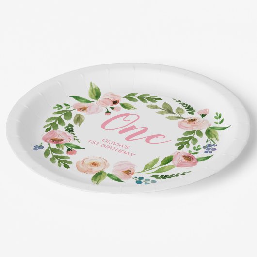 Pink Floral Wreath Monogram Birthday Party Teller (Schrägansicht)