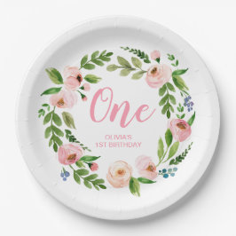 Pink Floral Wreath Monogram Birthday Party Teller