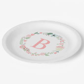 Pink Floral Wreath Monogramm Pappteller (Schrägansicht)