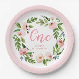 Pink Floral Wreath Peony 1. Geburtstag Party Pappteller