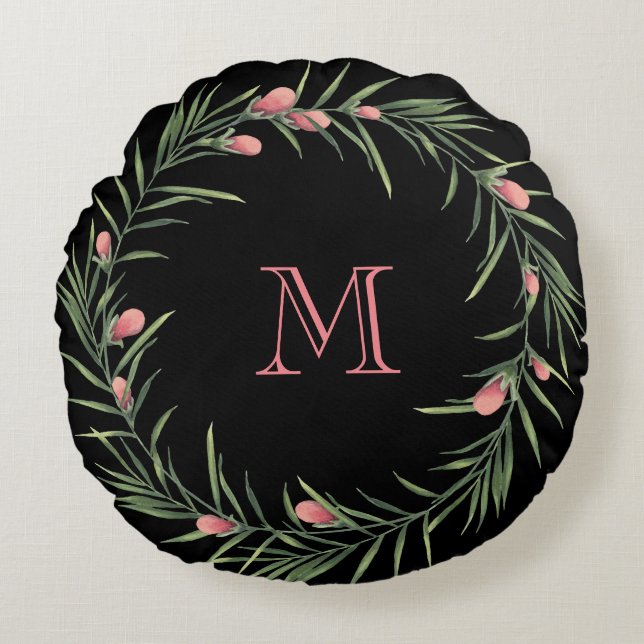 Pink Floral Wreath Rundes Kissen (Vorderseite)