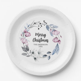 Pink Floral Wreath Weihnachten Pappteller