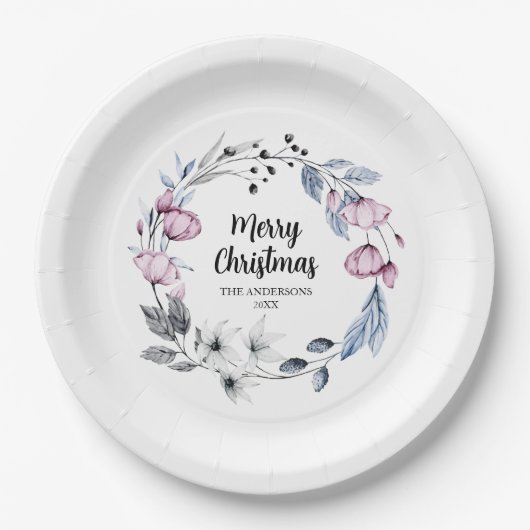 Pink Floral Wreath Weihnachten Pappteller (Vorderseite)
