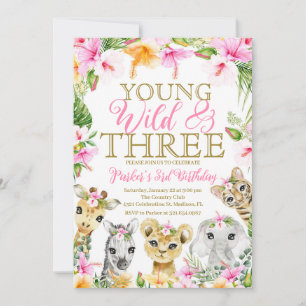 Pink Floral Your Wild & Three Jungle Birthday Girl Einladung