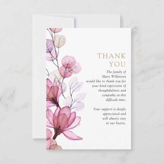 Pink-florale Gedenkfeier zur Beerdigung des Lebens Dankeskarte (Vorderseite)