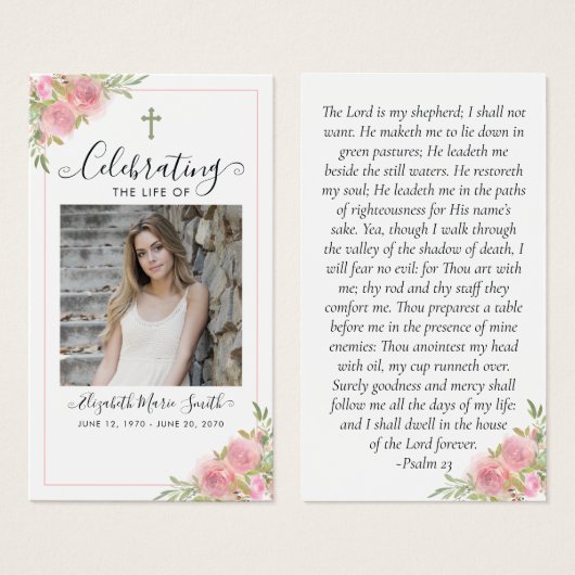 Pink-florale Gedenkkarte Beerdigungskarte (Vorne & Hinten)