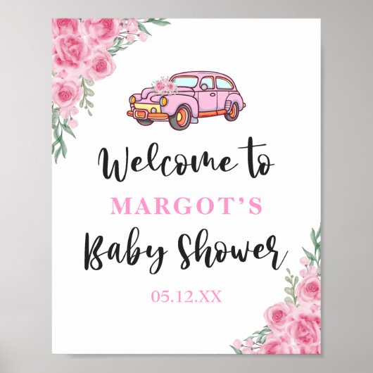Pink florales Auto mit Baby Dusche Rose Empfang Poster (Vorne)