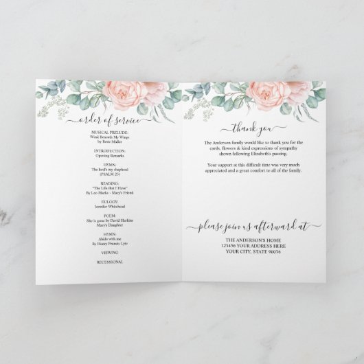 Pink-florales Gedenkprogramm Karte (Innenseite)