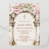 Pink florals arch beige First Communion rose gold Folieneinladung (Vorderseite)