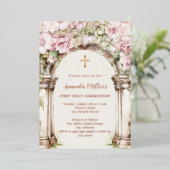 Pink florals arch beige First Communion rose gold Folieneinladung (Stehend vorne)