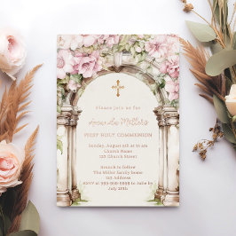 Pink florals arch beige First Communion rose gold Folieneinladung
