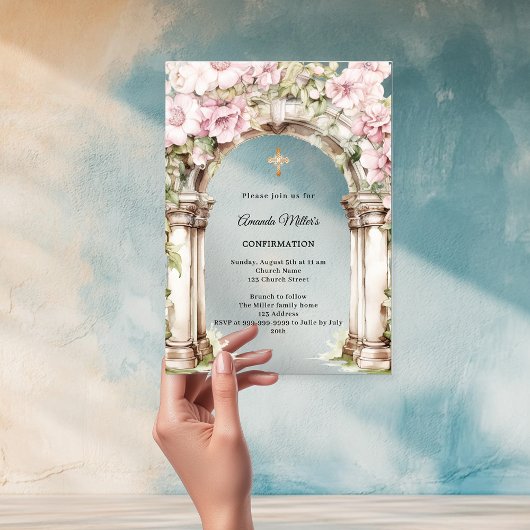Pink florals arch girl Confirmation Acryleinladungen