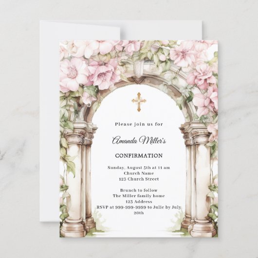 Pink florals arch girl Confirmation invitation (Vorderseite)