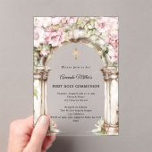 Pink florals arch girl First Communion clear Acryleinladungen (Insitu (Handheld))