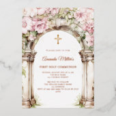 Pink florals arch girl First Communion rose gold Folieneinladung (Vorderseite)