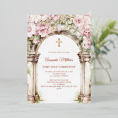 Pink florals arch girl First Communion rose gold Folieneinladung (Stehend vorne)