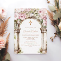 Pink florals arch girl First Communion rose gold