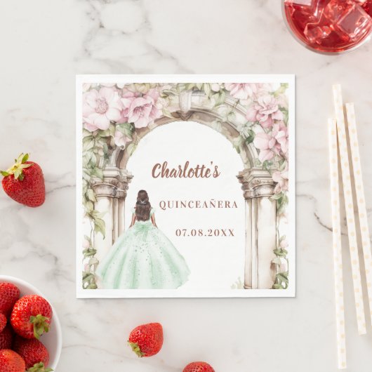 Pink florals arch green dress Quinceanera luncheon Serviette (Beispiel)
