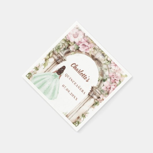 Pink florals arch green dress Quinceanera Serviette (Ecke)