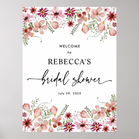 Pink Florals Brautparty Begrüßungszeichen Poster (Vorne)
