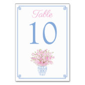 Pink Florals in Blue & White Ginger Jar Wedding Tischnummer (Rückseite)