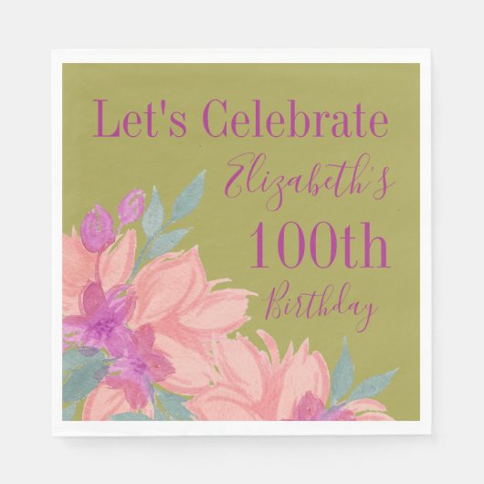 Pink Florals Personalisiert 100. Geburtstag Napkin Serviette (Vorderseite)