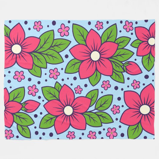 Pink Florals with Bold Petals and Green Leaves Fleecedecke (Vorderseite (Horizontal))