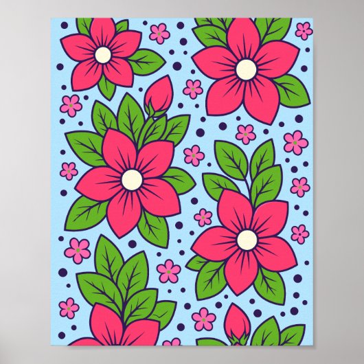 Pink Florals with Bold Petals and Green Leaves Poster (Vorne)