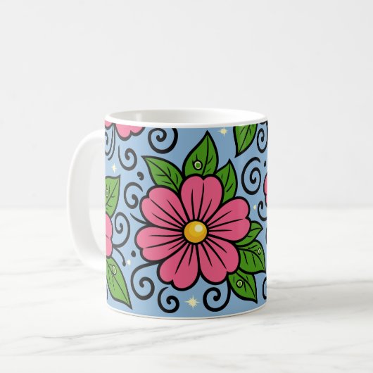 Pink Florals with Green Leaves and Curved Details Kaffeetasse (Vorderseite Links)