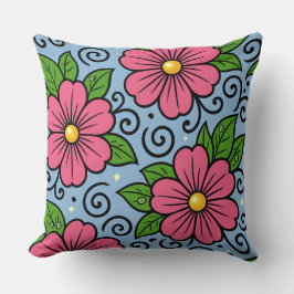 Pink Florals with Green Leaves and Curved Details Kissen