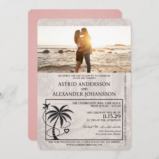 Pink Florida Passport Hochzeit Einladung (Vorne/Hinten)