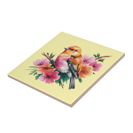 Pink Flower Bird Fliese (Seite)