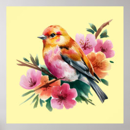 Pink Flower Bird Poster