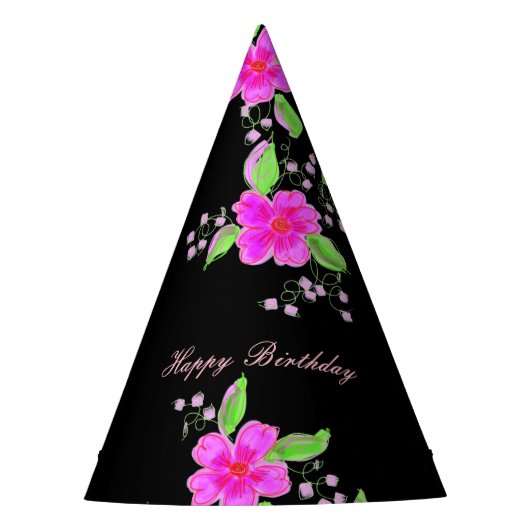 Pink Flower Black Paper Party Hat Partyhütchen (Vorderseite)