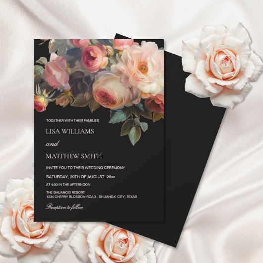 Pink Flower Dark Floral Roses Wedding Einladung